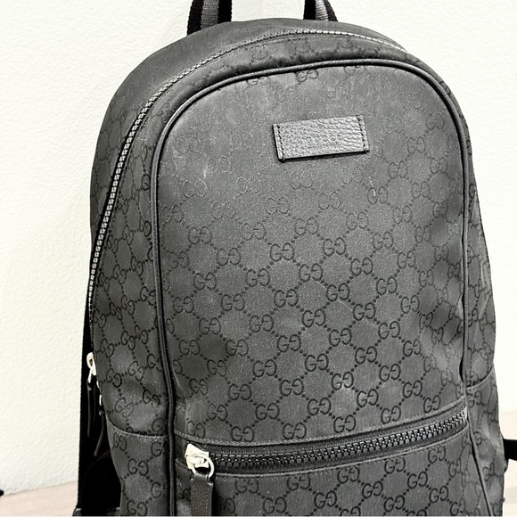 GUCCI Logo Leather Logo Nylon schoolbag Backpack Black - Picture 2 of 14